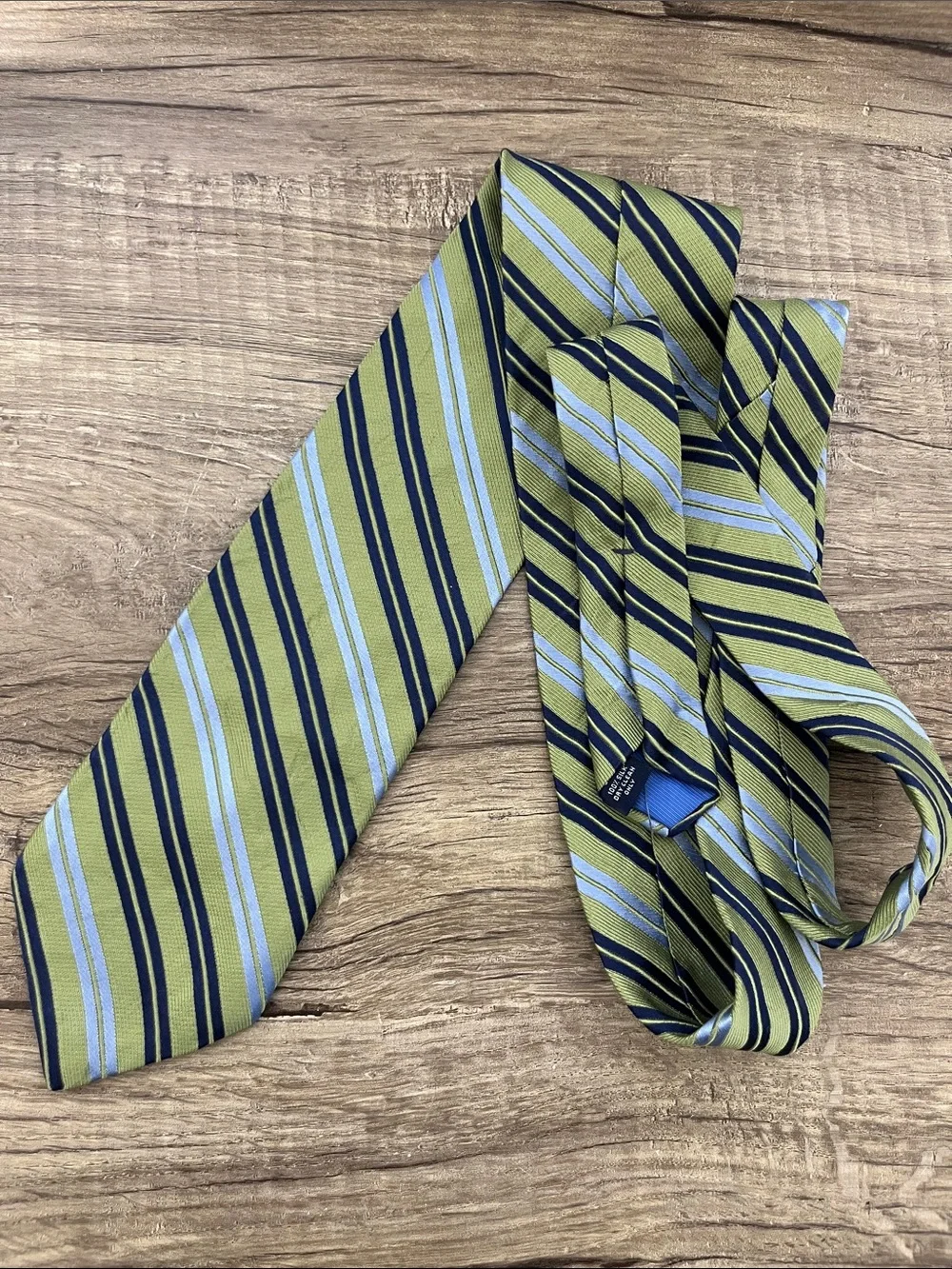 Roundtree & Yorke Olive Green and Light Blue Striped Silk Tie